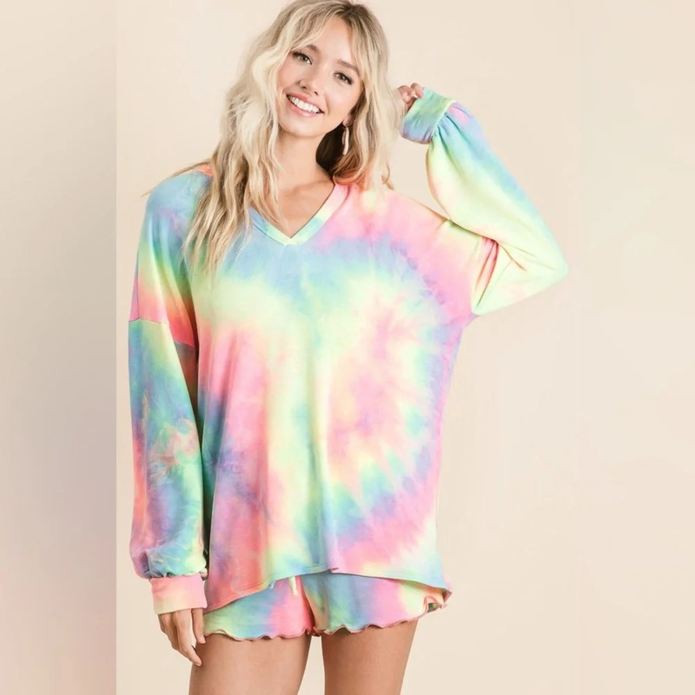 BiBi Tie Dye French Terry Top With Balloon Sleeves - Picture 1 of 5